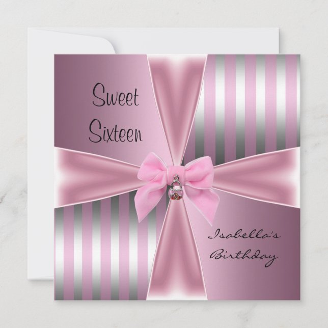 Sweet Sixteen16th Birthday Satin Pink Stripe Bow Invitation (Front)