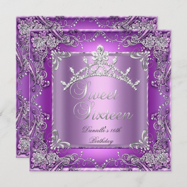 Sweet Sixteen 16 16th Birthday Party Purple Invitation (Front/Back)