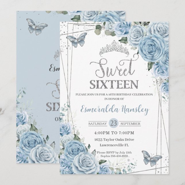 Sweet Sixteen 16 Baby Blue Floral Butterflies 16th Invitation (Front/Back)