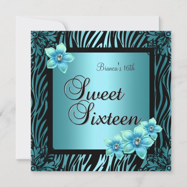 Sweet Sixteen 16 Birthday Blue Flower black Silver Invitation (Front)