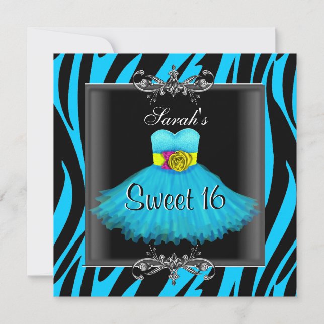 Sweet Sixteen 16 Birthday Blue Zebra Black Dress Invitation (Front)