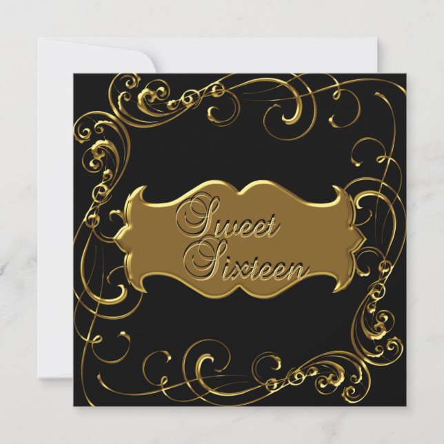 Sweet Sixteen 16 Birthday Elegant Black Gold Invitation (Front)