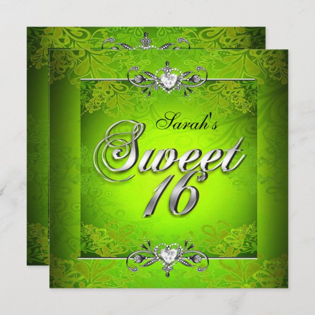 Sweet Sixteen 16 Birthday Lime Green Silver Invitation (Front/Back)