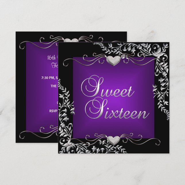 Sweet Sixteen 16 Birthday Party Black Purple Invitation (Front/Back)