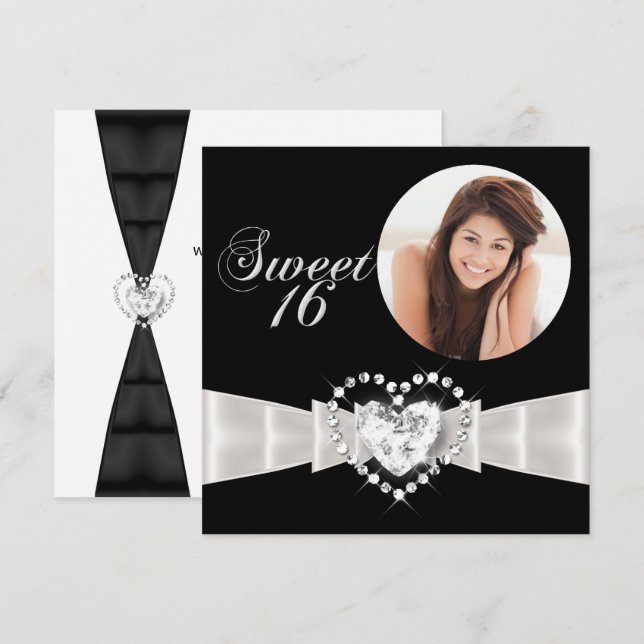 Sweet Sixteen 16 Birthday Party Black White Invitation (Front/Back)