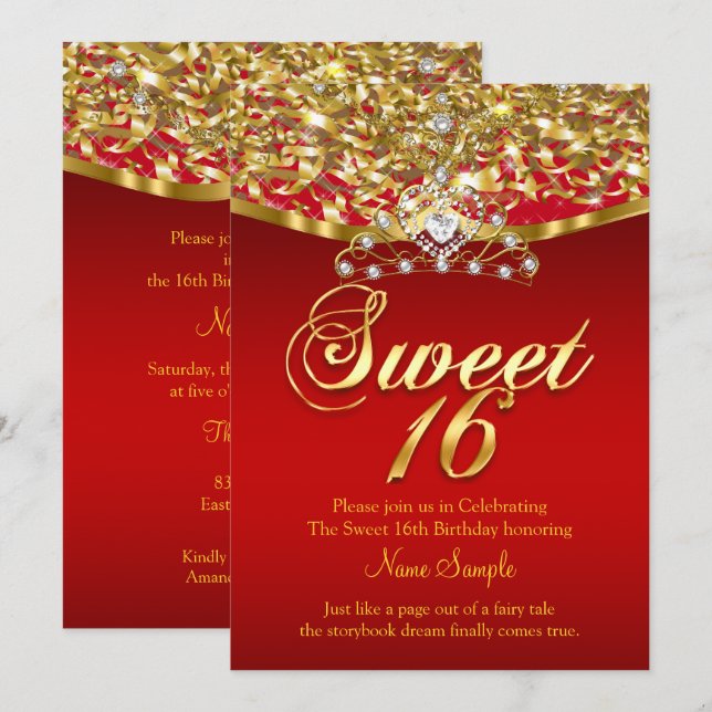 Sweet Sixteen 16 Birthday Party Glitter Red Gold  Invitation (Front/Back)