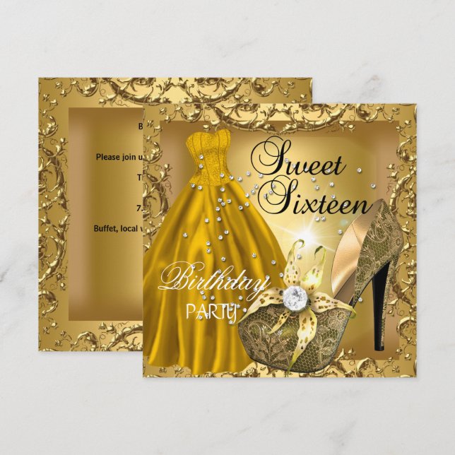 Sweet Sixteen 16  Birthday Party Gold Dress Gown Invitation (Front/Back)