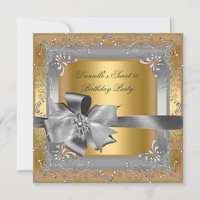 Sweet Sixteen 16 Birthday Party Gold Silver Bow Invitation (Front)