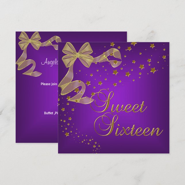 Sweet Sixteen 16 Birthday Party Gold Stars Purple Invitation (Front/Back)