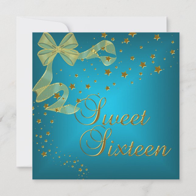 Sweet Sixteen 16 Birthday Party Gold Stars Teal Invitation (Front)