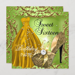 Sweet Sixteen 16  Birthday Party Lime Gold Dress Invitation
