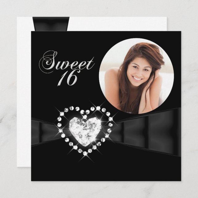 Sweet Sixteen 16 Birthday Party Photo Black Invitation (Front/Back)