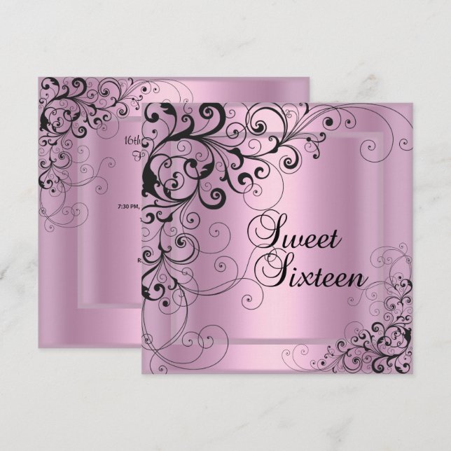 Sweet Sixteen 16 Birthday Party Pink Black Floral Invitation (Front/Back)