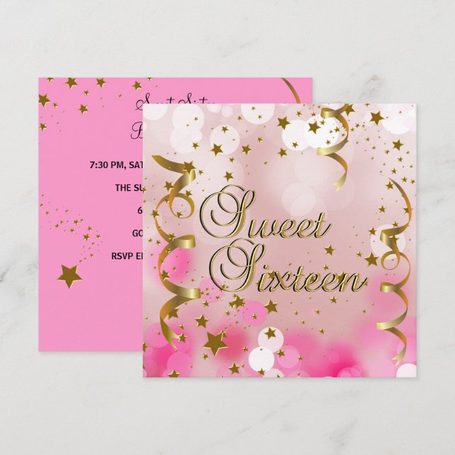 Sweet Sixteen 16 Birthday Party Pink Gold Stars Invitation (Front/Back)