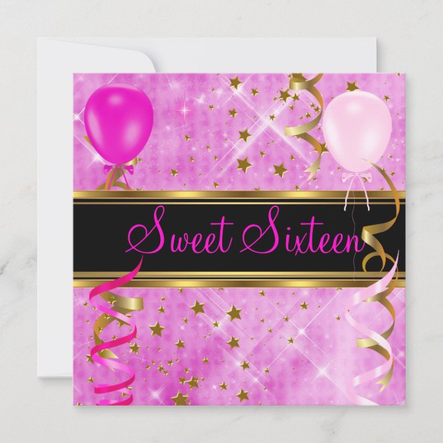 Sweet Sixteen 16 Birthday Party Pink Stars 3 Invitation (Front)