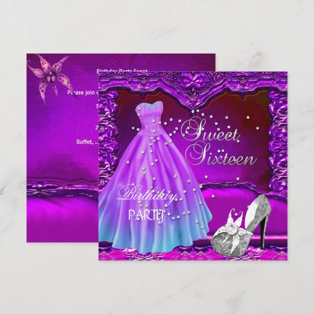Sweet Sixteen 16  Birthday Party Purple Dress Gown Invitation (Front/Back)