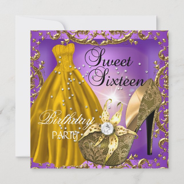 Sweet Sixteen 16  Birthday Party Purple Gold Dress Invitation (Front)