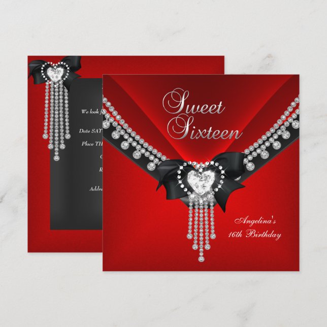 Sweet Sixteen 16 Birthday Party Red Black Diamond Invitation (Front/Back)