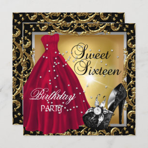 Sweet Sixteen 16  Birthday Party Red Gold Dress Invitation