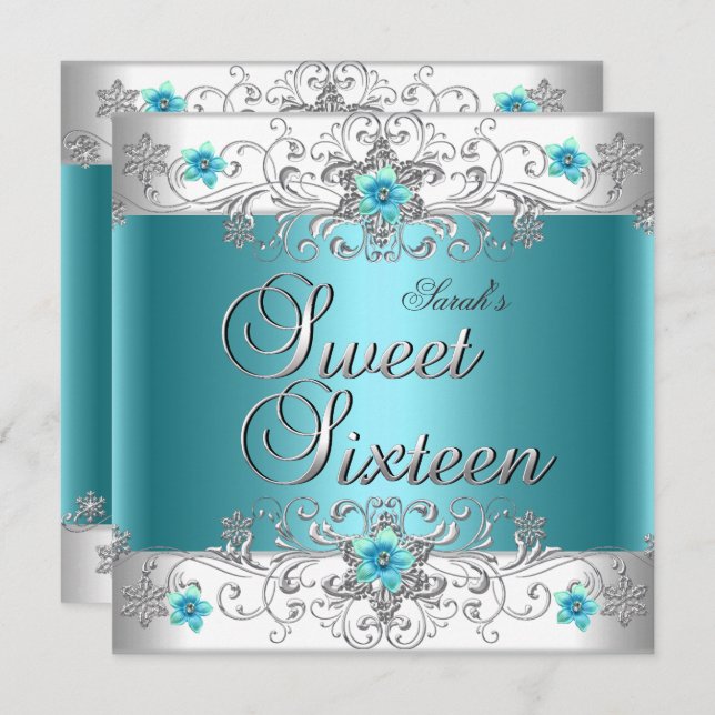 Sweet Sixteen 16 Birthday Party Teal Blue Diamond Invitation (Front/Back)