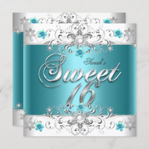 Sweet Sixteen 16 Birthday Party Teal Blue Diamond Invitation
