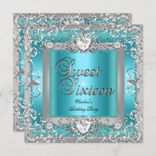 Sweet Sixteen 16 Birthday Party Teal Blue Silver Invitation