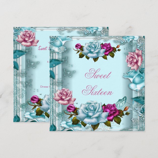 Sweet Sixteen 16 Birthday Party Teal Pink Roses 2 Invitation (Front/Back)