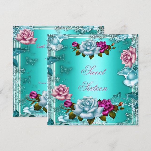 Sweet Sixteen 16 Birthday Party Teal Pink Roses 3 Invitation (Front/Back)