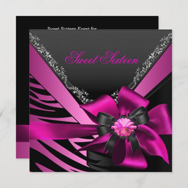 Sweet Sixteen 16 Birthday Party Zebra Pink Black Invitation (Front/Back)