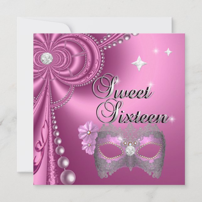 Sweet Sixteen 16 Birthday Pink Diamond Mask Silver Invitation (Front)