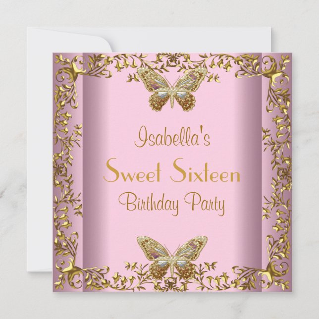 Sweet Sixteen 16 Birthday Pink Gold Butterfly Invitation (Front)
