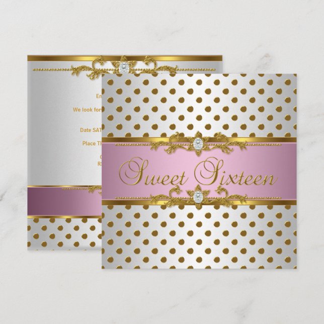 Sweet Sixteen 16 Birthday Pink White Gold Spot Invitation (Front/Back)