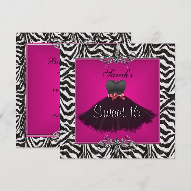 Sweet Sixteen 16 Birthday Pink Zebra Black Dress Invitation (Front/Back)