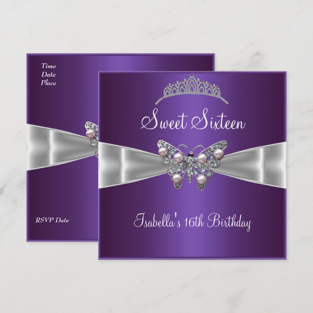 Sweet Sixteen 16 Birthday Silver Bow Purple Tiara Invitation (Front/Back)