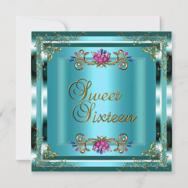 Sweet Sixteen 16 Birthday Teal Blue Gold Floral Invitation (Front)
