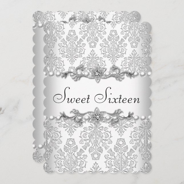 Sweet Sixteen 16 Birthday White Pearl 3 Invitation (Front/Back)