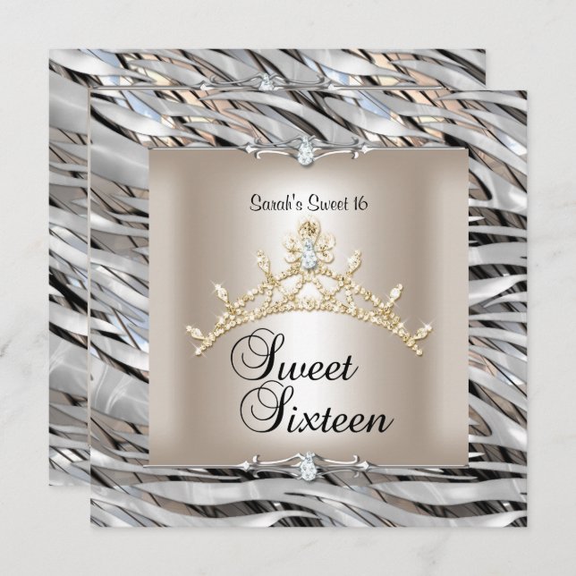 Sweet Sixteen 16 Birthday Zebra Silver Black Gold Invitation (Front/Back)