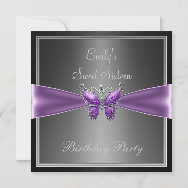 Sweet Sixteen 16 Black Grey Purple Butterfly Birth Invitation (Front)