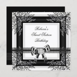 Sweet Sixteen 16 Black White Lace Floral Diamond Invitation