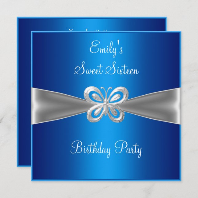 Sweet Sixteen 16 Blue Silver Butterfly Jewel 4 Invitation (Front/Back)