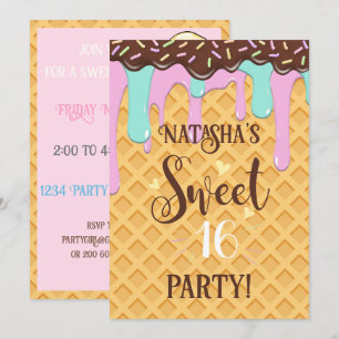 Sweet Sixteen 16 Drippy Waffle Cone Invitation