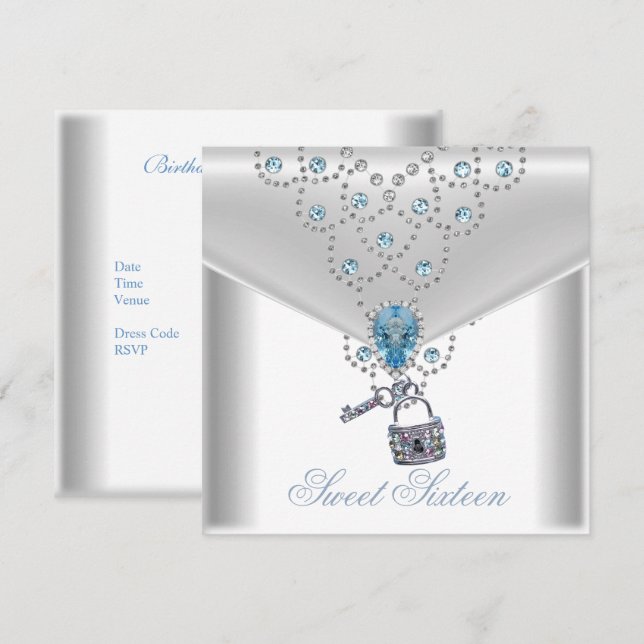 Sweet Sixteen 16 Elegant White Silver Blue Jewel Invitation (Front/Back)