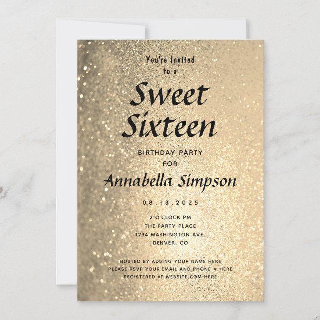 Sweet Sixteen 16 Gold Glitter Birthday Invitation (Front)