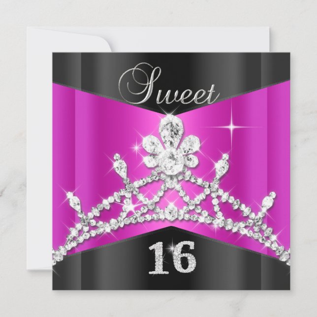 Sweet Sixteen 16 Hot Pink Black Silver Tiara Invitation (Front)