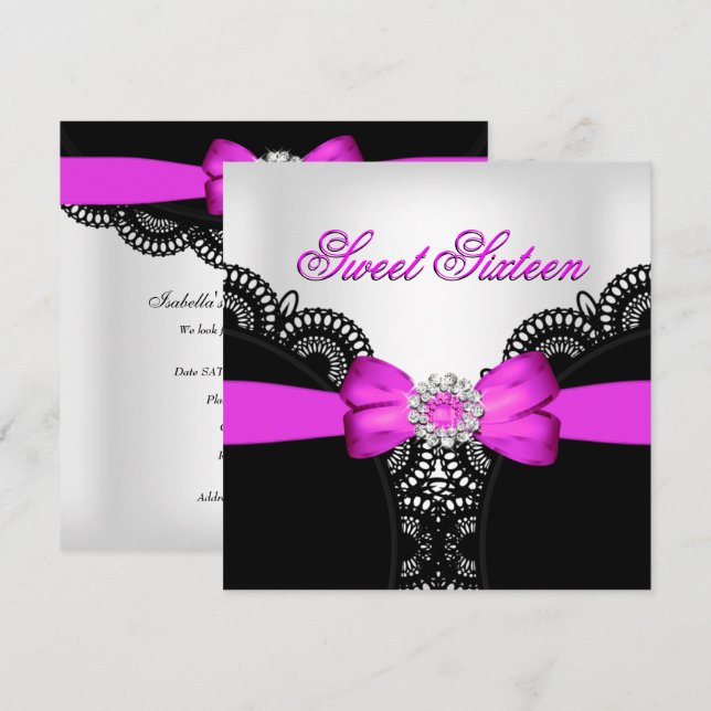 Sweet Sixteen 16 Hot Pink Black White Lace Invitation (Front/Back)