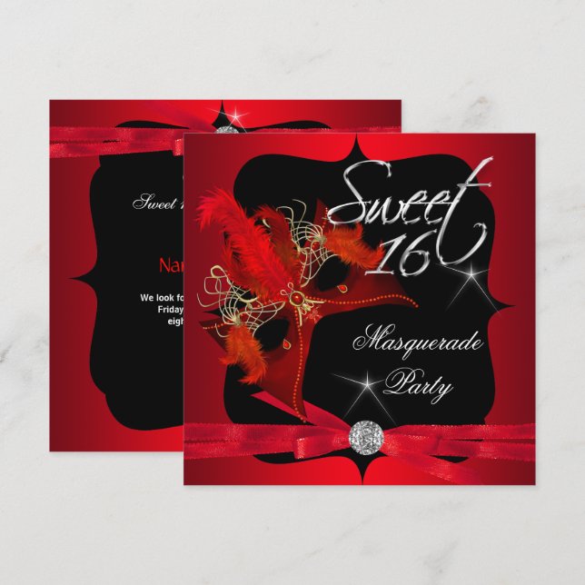 Sweet Sixteen 16 Masquerade Red Black Invitation (Front/Back)