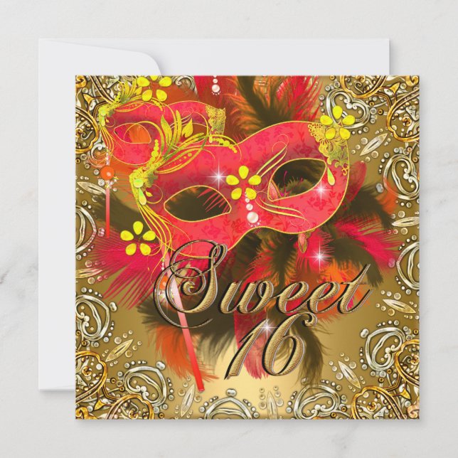 Sweet Sixteen 16 Masquerade Red Yellow Gold Invitation (Front)