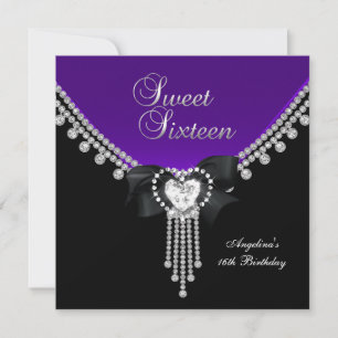Sweet Sixteen 16 Party Black Purple Diamond Invitation