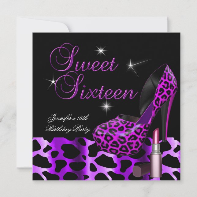 Sweet Sixteen 16 Party Leopard Shoe Lipstick Invitation (Front)