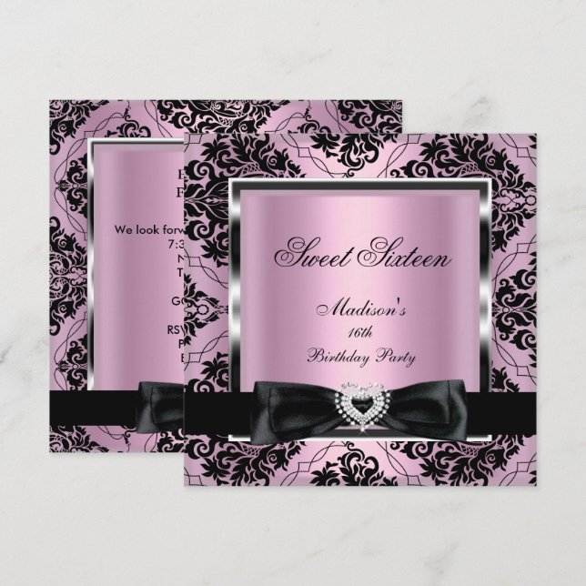 Sweet Sixteen 16 Party Pink Damask Silver Black Invitation (Front/Back)